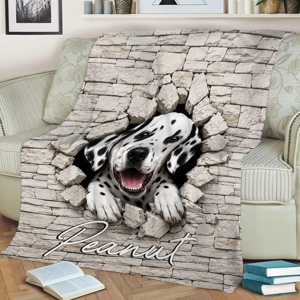 Dalmatian dog breaking through a brick wall on a cozy living room blanket