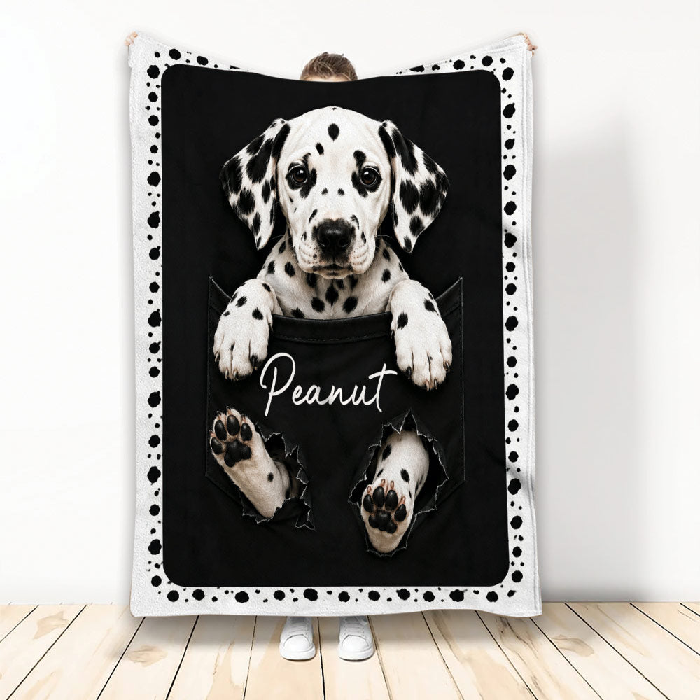 Black and white Dalmatian puppy throw blanket with spotted border and playful pocket artwork