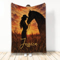 Cowgirl and horse silhouette blanket with warm sunset colors and rustic Western scenery
