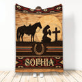 Cowgirl throw blanket featuring a saddled horse, horseshoe, sunset cross, and Southwestern patterns