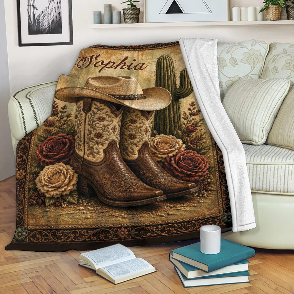 Cowgirl blanket draped over a sofa with Western boots, cowboy hat, cactus, and floral desert artwork