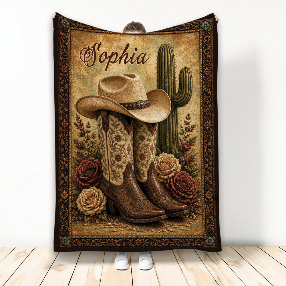 Cowgirl throw blanket displayed with a Western cowboy hat, ornate boots, cactus, roses, and rustic border