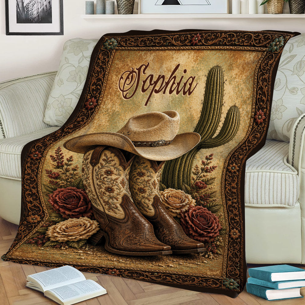 Western cowgirl throw blanket styled on a couch with cowboy boots, hat, cactus, and vintage roses