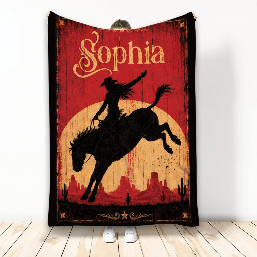 Cowgirl throw blanket featuring a rodeo rider on a bucking horse against a rustic desert scene