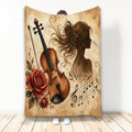 Vintage violin blanket with a musician silhouette, red roses, musical notes, and warm sepia artwork