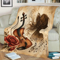 Decorative violin blanket displayed on a sofa with a musician silhouette, roses, and flowing musical notes