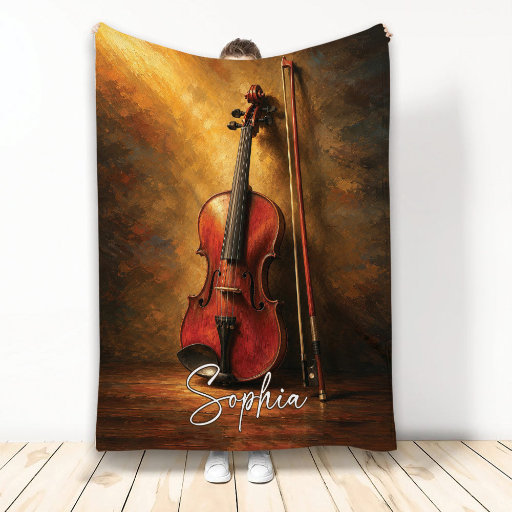 Violin and bow blanket with rich amber wood tones and expressive artistic background