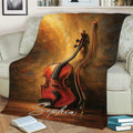 Artistic violin and bow blanket draped across a sofa in a warm music-inspired setting