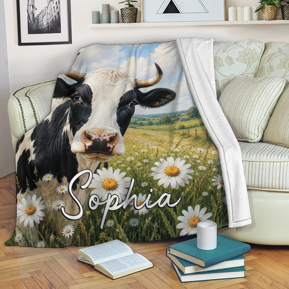 Cow throw blanket displayed on a sofa with pastoral farmland, wildflowers and blue sky artwork