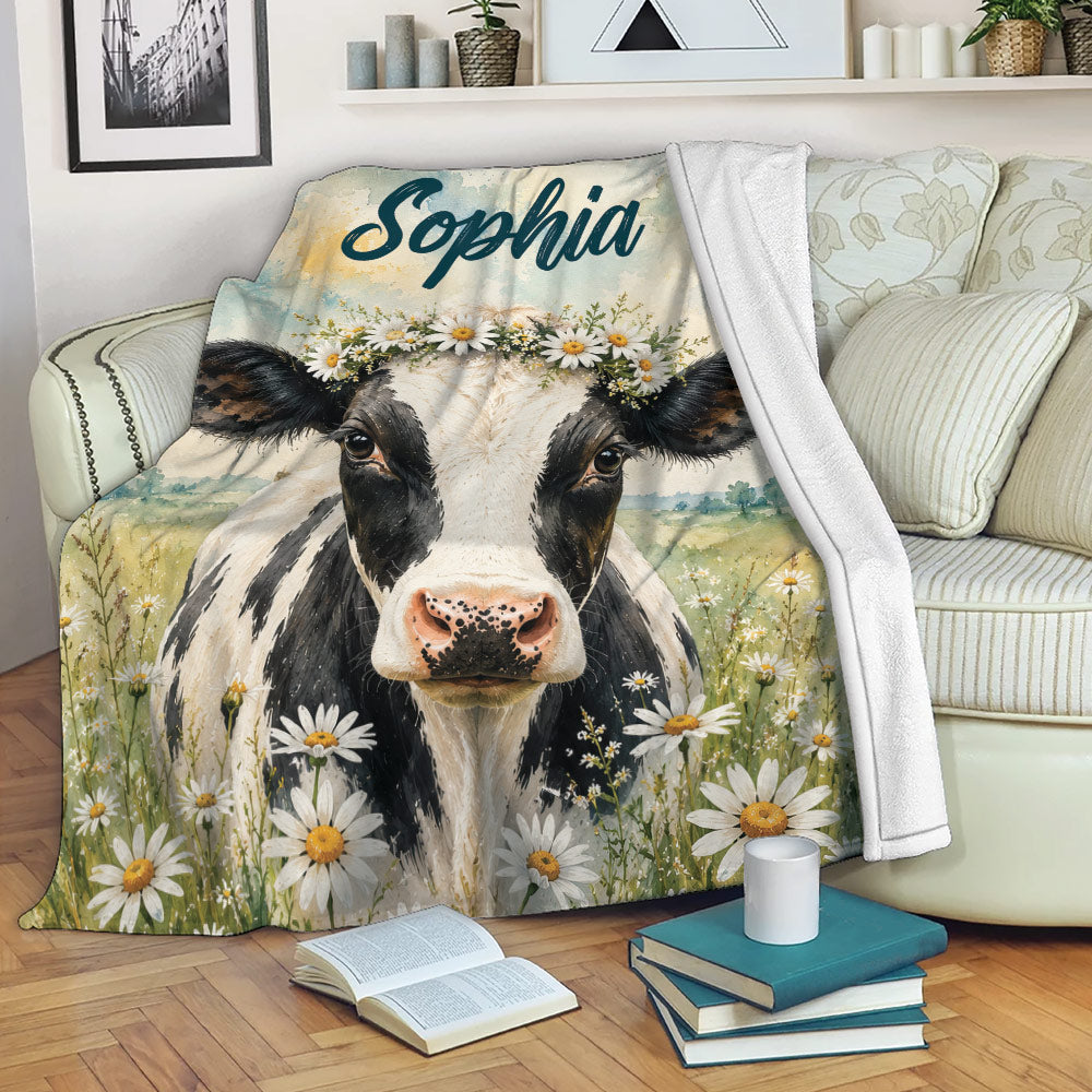 Floral cow throw blanket draped across a sofa in a cozy living room