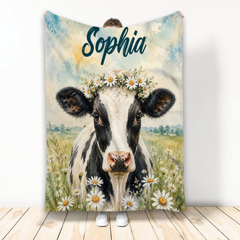 Cow throw blanket featuring a floral crown, watercolor meadow, and blue sky artwork