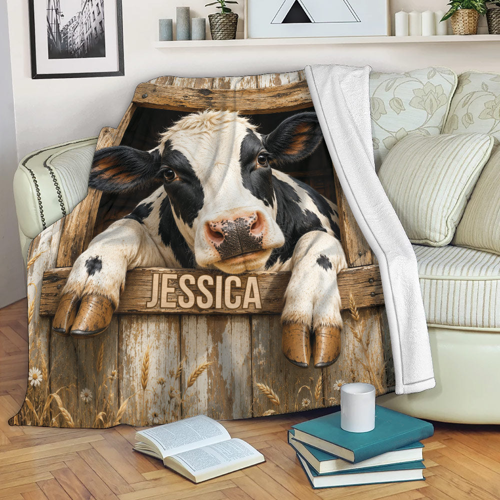 Rustic cow blanket draped over a sofa with farmhouse artwork and a cozy living room setting