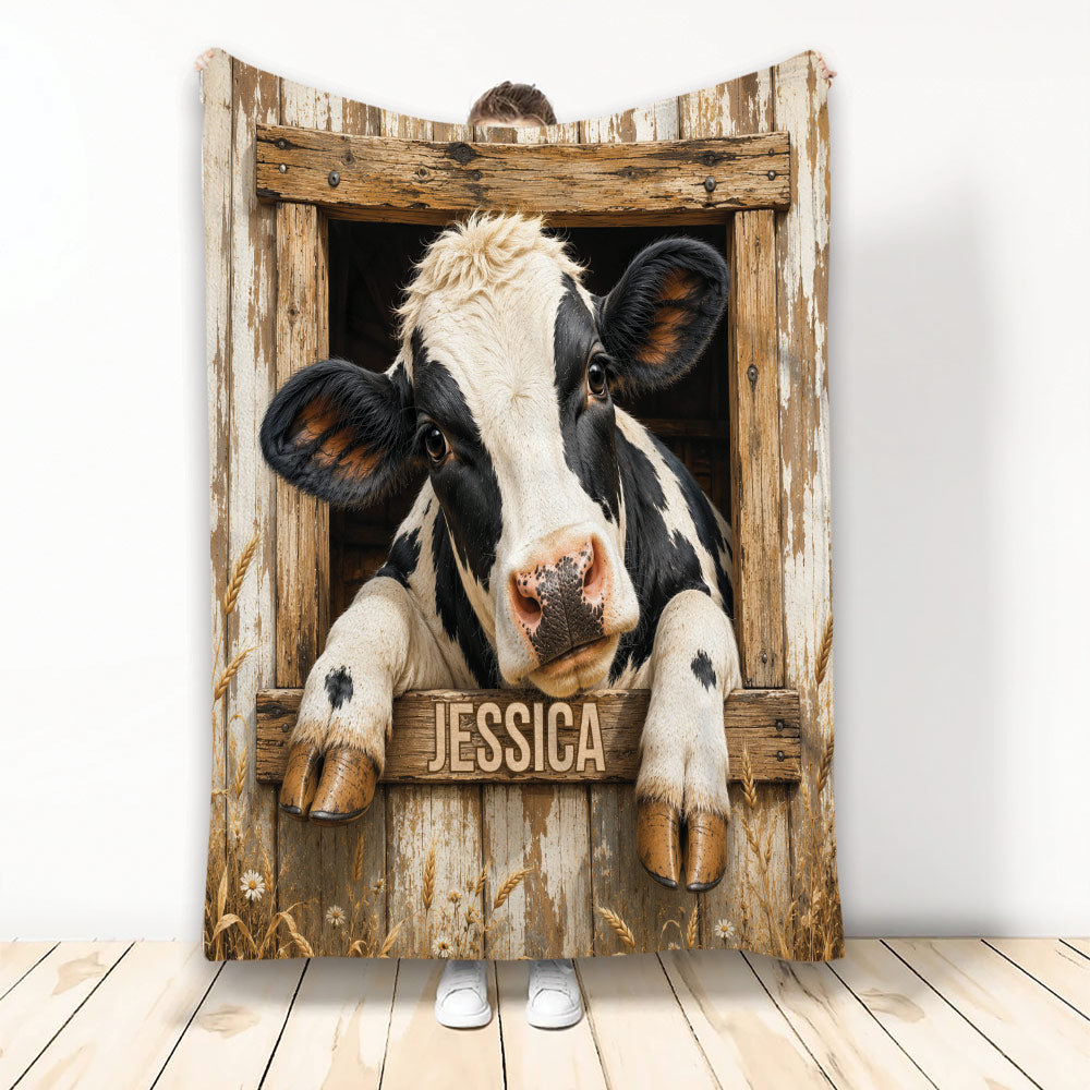 Cow throw blanket featuring a black and white cow peeking through a rustic wooden barn window