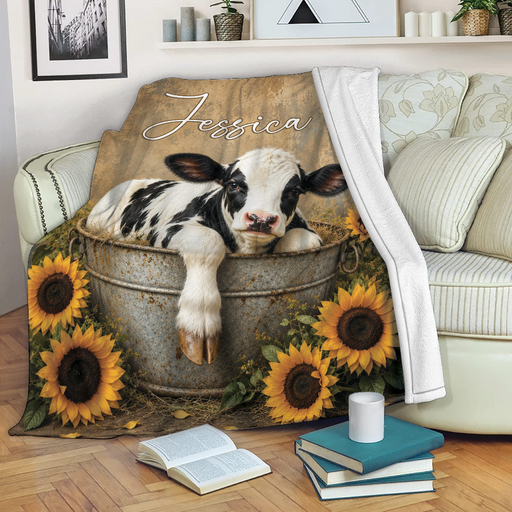 Cow blanket displayed on a sofa with a calf, rustic tub, and bright sunflower artwork