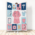 Nurse blanket displayed upright with colorful medical icons, scrubs, stethoscope, gloves, heart, and healthcare artwork