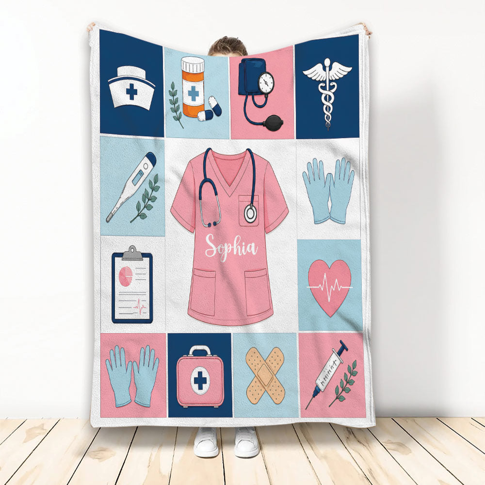 Nurse blanket displayed upright with colorful medical icons, scrubs, stethoscope, gloves, heart, and healthcare artwork