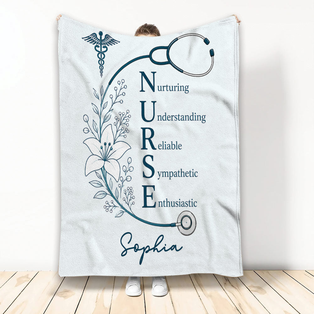 Nurse throw blanket featuring a stethoscope, medical emblem, floral artwork, and uplifting nursing theme