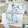 Nursing throw blanket draped over a couch with a stethoscope, caduceus symbol, and floral artwork