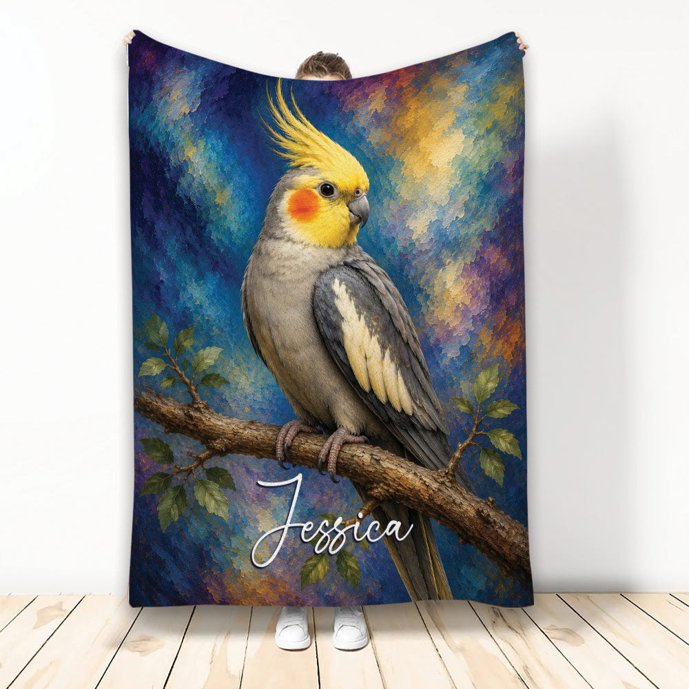 Cockatiel blanket featuring a gray bird perched on a branch against colorful blue and gold artwork