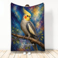 Cockatiel blanket featuring a gray bird perched on a branch against colorful blue and gold artwork
