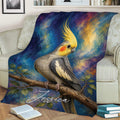Colorful cockatiel blanket draped over a sofa, featuring a perched bird and leafy branch design