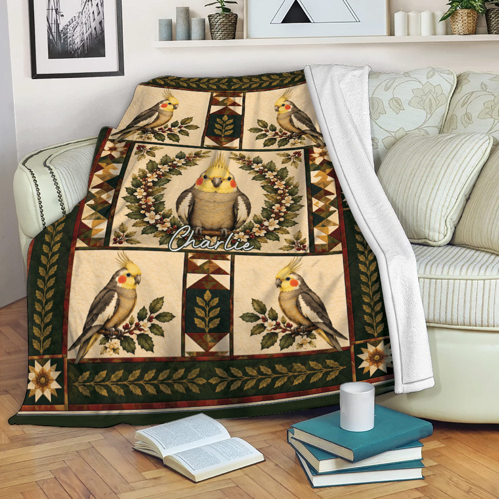 Cockatiel blanket draped over a sofa with floral bird artwork and cozy living room decor
