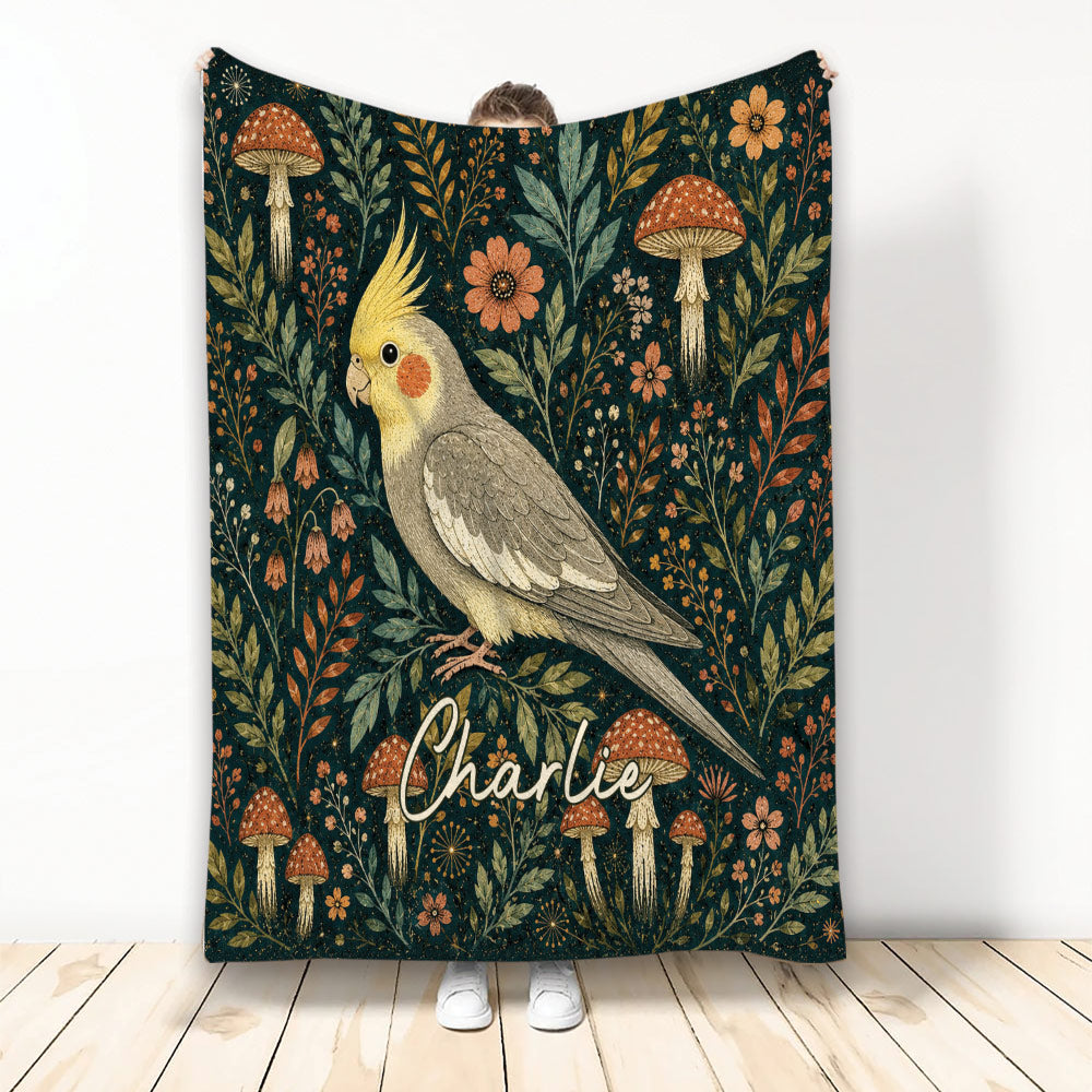 Cockatiel throw blanket with botanical foliage, mushrooms, flowers, and dark vintage-inspired artwork