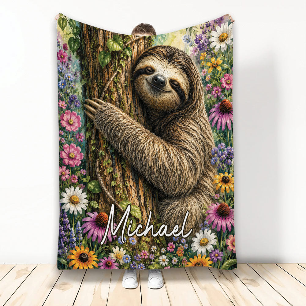 Sloth throw blanket featuring a smiling sloth on a tree surrounded by colorful woodland flowers