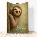 Sloth throw blanket displayed upright with a smiling woodland sloth artwork in earthy green and brown tones