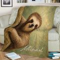 Close view of a sloth throw blanket spread across a sofa with warm forest-inspired artwork
