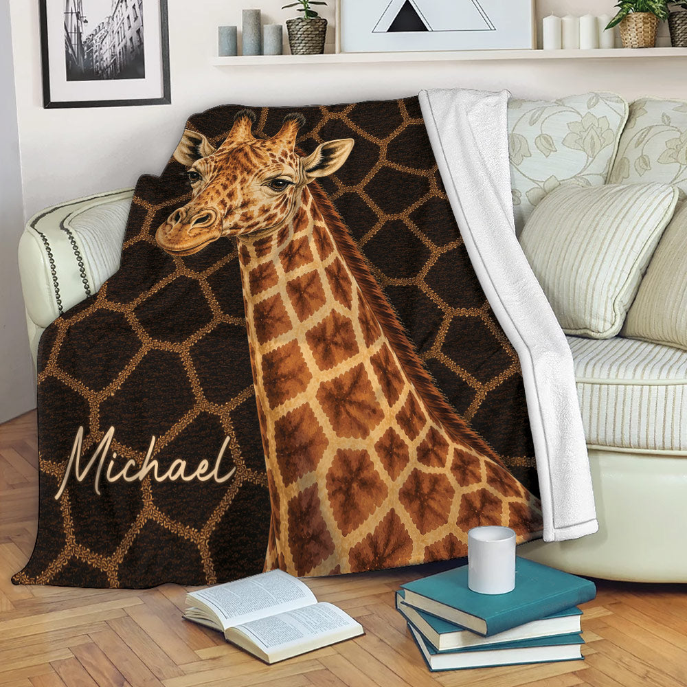 Giraffe throw blanket draped over a sofa with bold wildlife artwork and brown geometric pattern