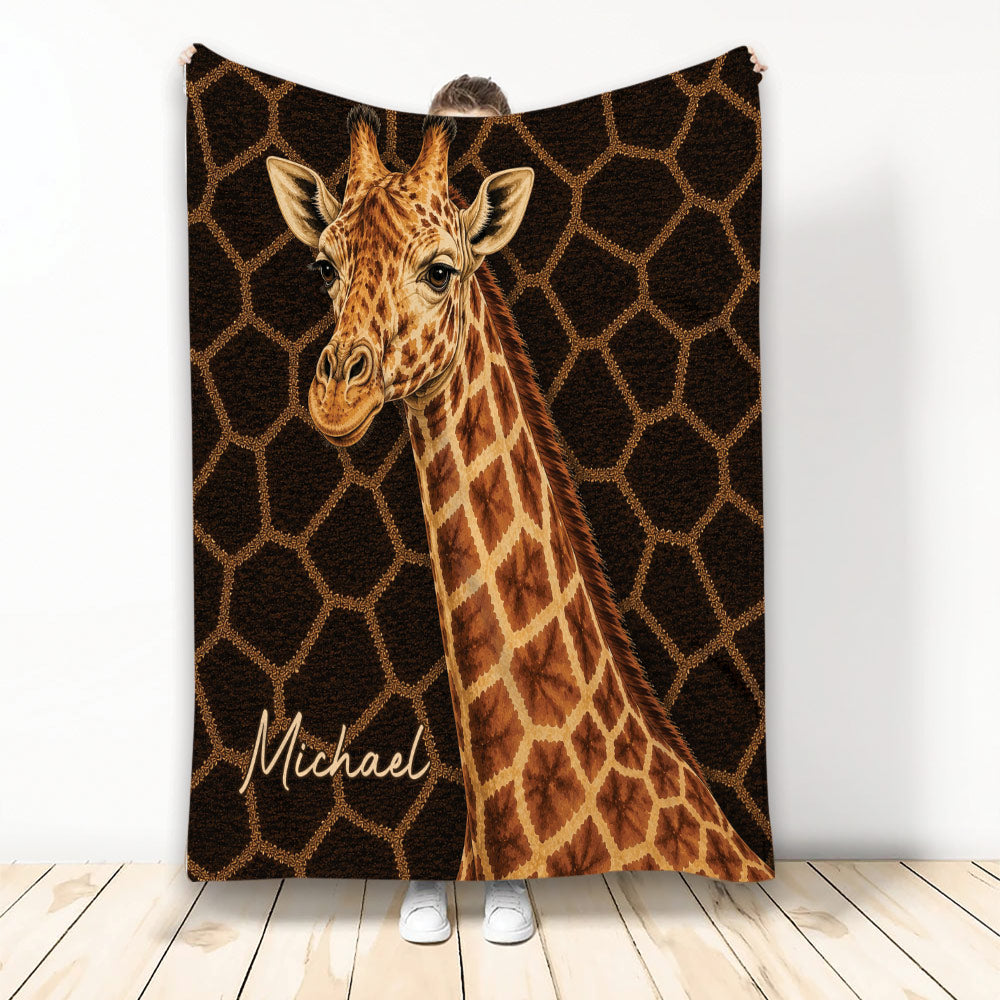 Giraffe throw blanket with a detailed giraffe portrait and dark brown patterned background