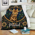 Giraffe throw blanket draped over a sofa, featuring colorful stained-glass wildlife artwork and floral details