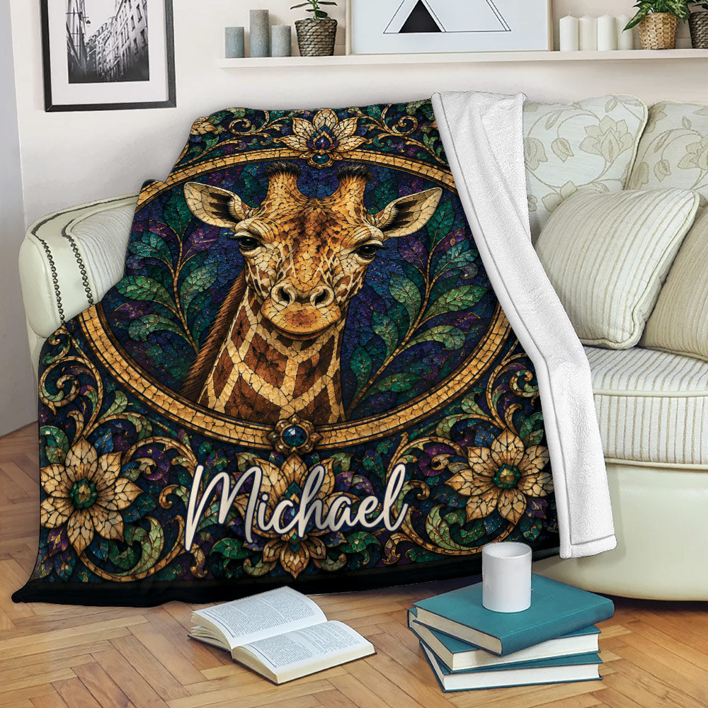 Giraffe throw blanket draped over a sofa, featuring colorful stained-glass wildlife artwork and floral details