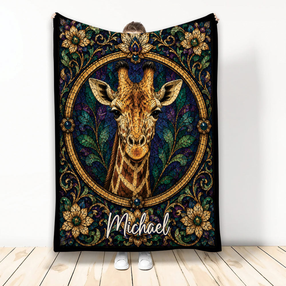 Giraffe blanket with ornate stained-glass artwork, floral border, jewel tones, and decorative gold frame