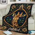 Decorative giraffe blanket displayed on a couch with ornate floral stained-glass artwork in deep jewel tones
