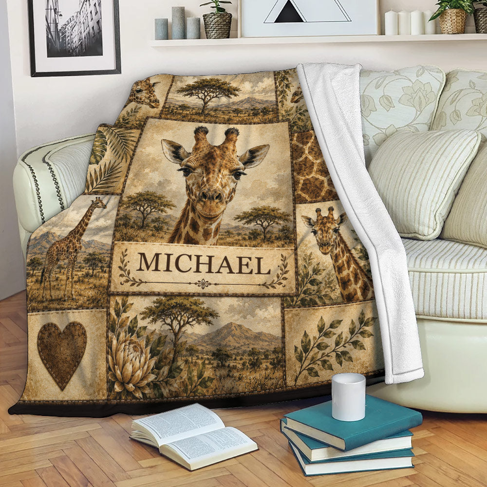 Giraffe blanket draped over a sofa, showing safari wildlife artwork in warm earthy tones