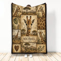 Giraffe throw blanket featuring vintage safari scenes, acacia trees, mountains, foliage, and a central giraffe