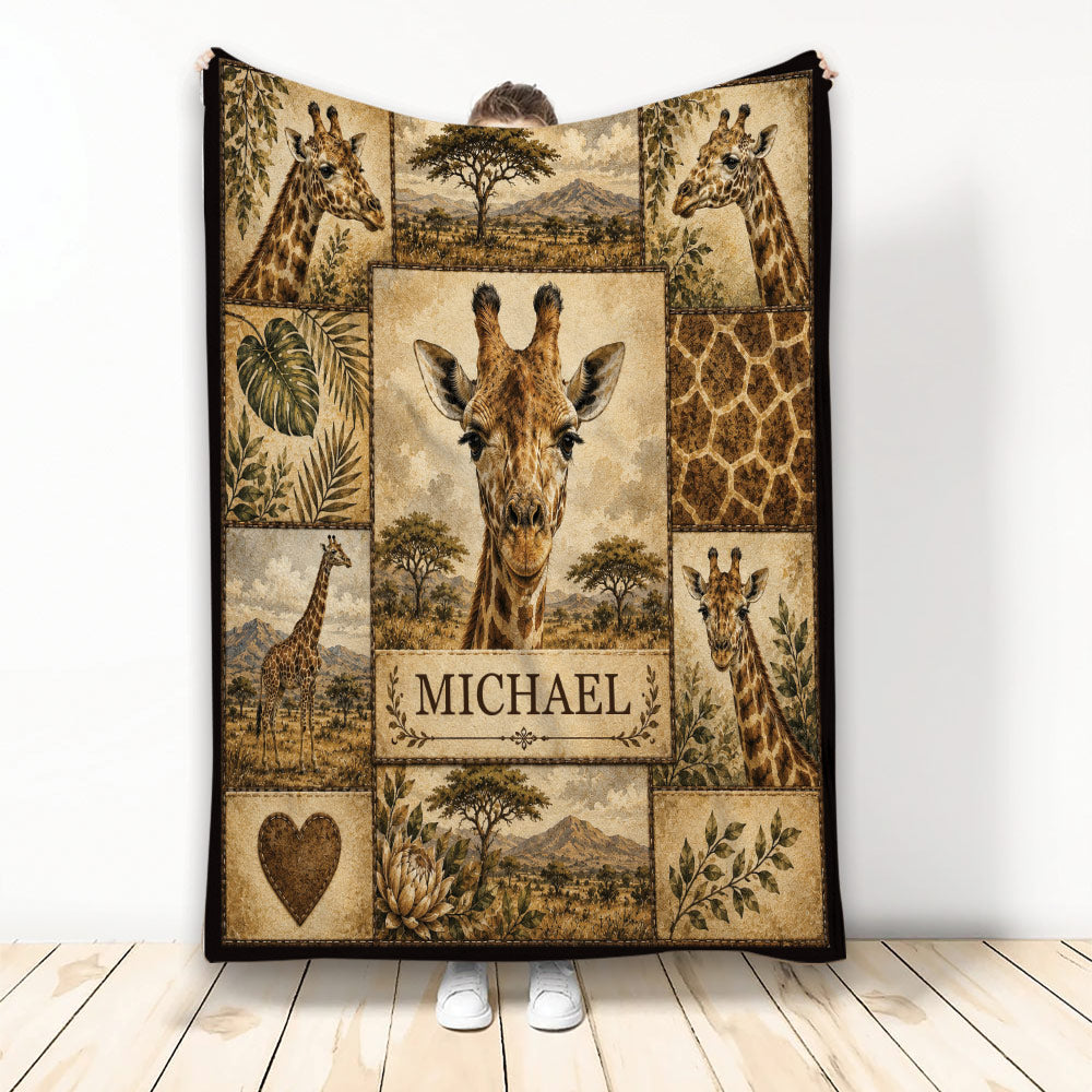 Giraffe throw blanket featuring vintage safari scenes, acacia trees, mountains, foliage, and a central giraffe