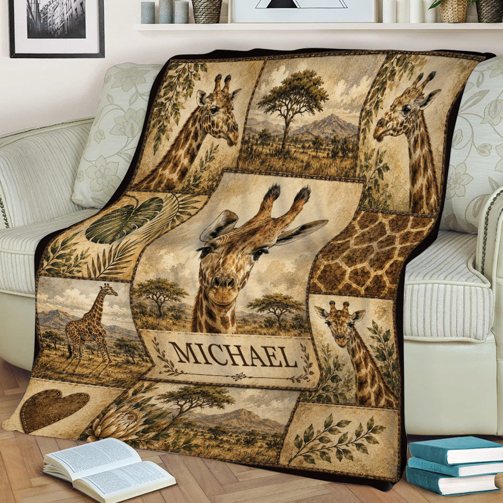 Safari giraffe throw blanket displayed on a couch with repeated giraffe portraits, landscapes, leaves, and animal patterns
