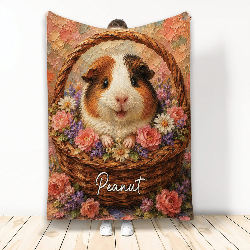 Guinea pig blanket featuring a brown and white cavy in a flower-filled wicker basket