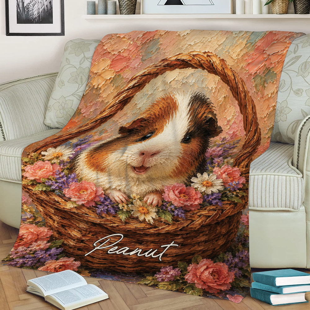 Floral guinea pig throw blanket displayed on a sofa with a cozy living room setting