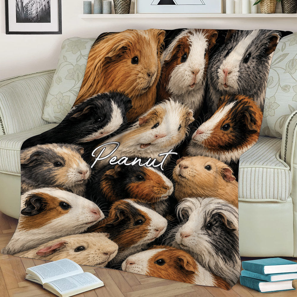 Colorful guinea pig throw blanket styled on a sofa with a detailed collage of playful cavy portraits