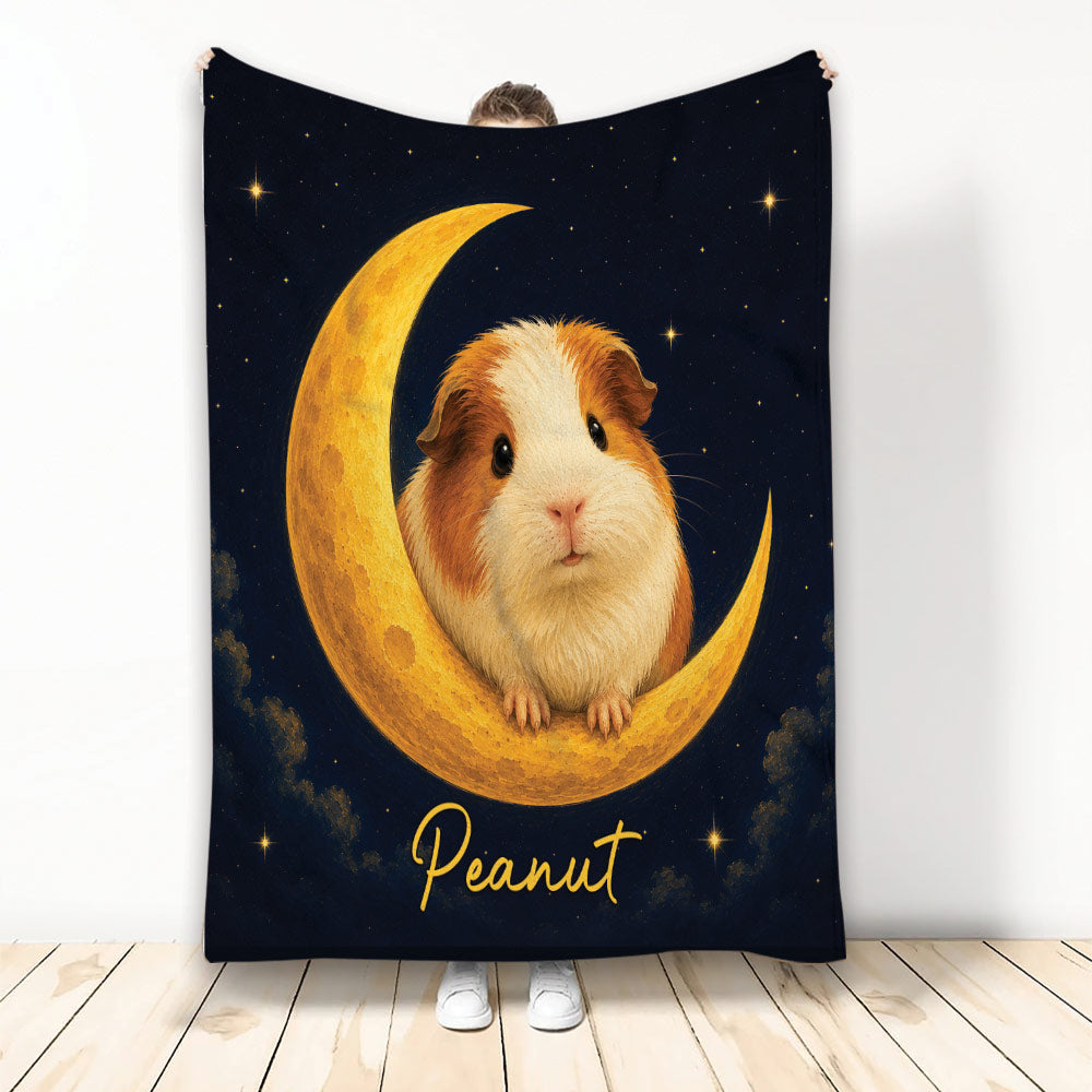 Guinea pig blanket featuring a cute guinea pig sitting on a golden crescent moon under a starry night sky