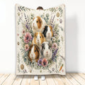 Guinea pig throw blanket featuring five guinea pigs surrounded by colorful flowers, leaves, hearts, and carrots