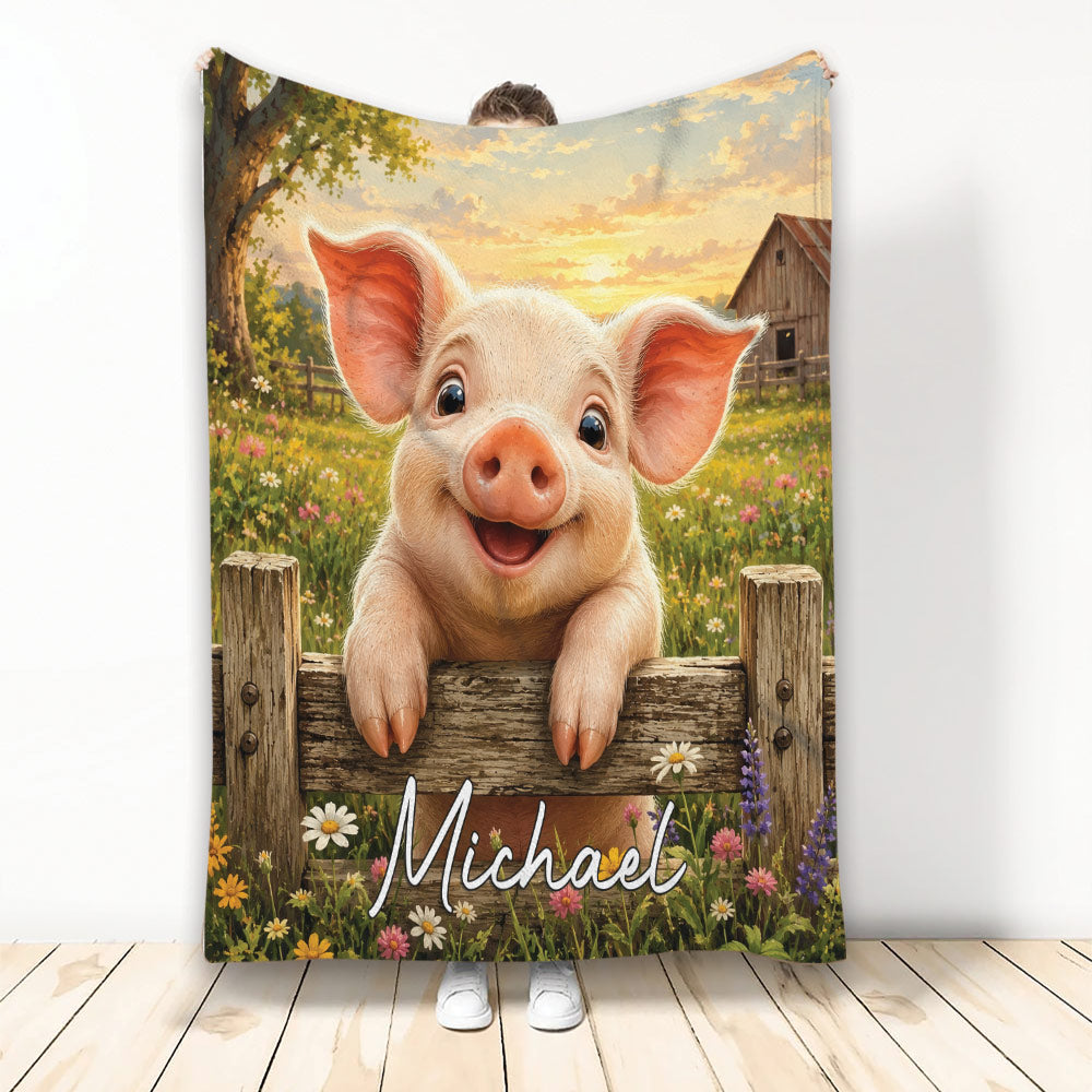 Custom pig blanket featuring a cheerful piglet on a rustic fence in a flower-filled farm meadow