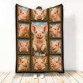 Pig throw blanket displayed upright with framed pig portraits, sunflowers, and rustic farm artwork