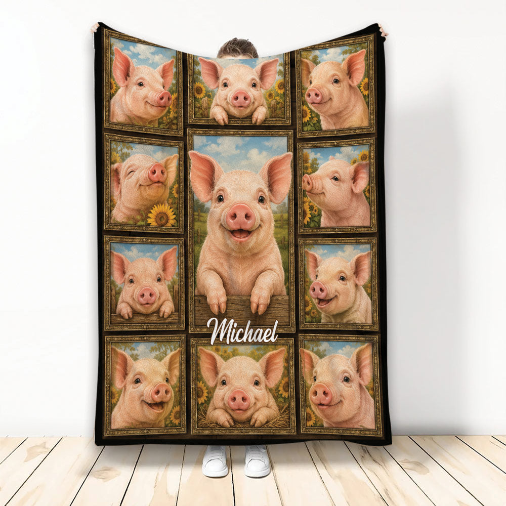 Pig throw blanket displayed upright with framed pig portraits, sunflowers, and rustic farm artwork