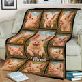 Rustic pig blanket styled on a couch with framed pig artwork and warm sunflower details