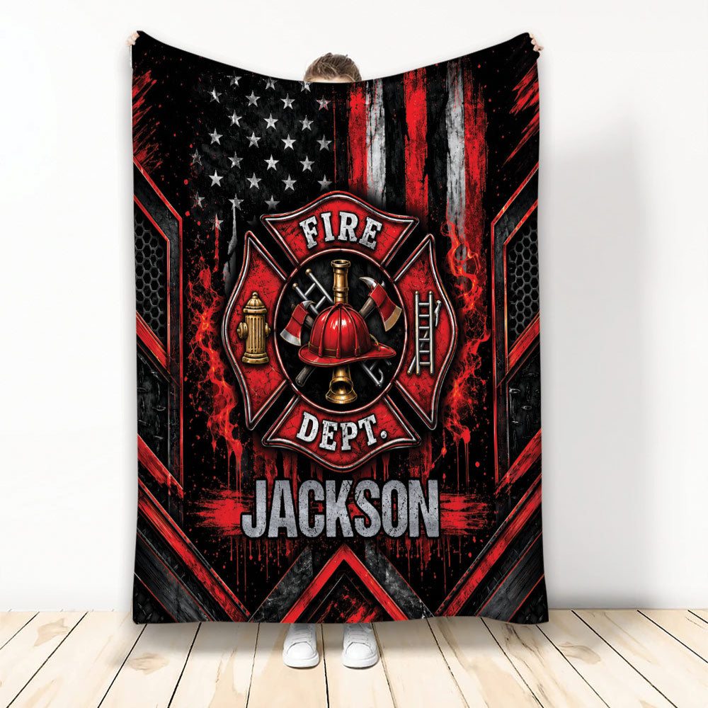Firefighter throw blanket with red and black fire department emblem, helmet, hydrant, ladder, and American flag design